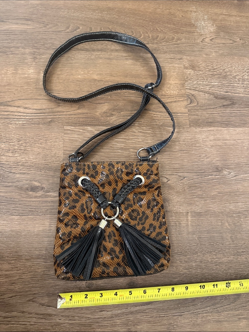 Bueno Leopard Print Crossbody Bag with Dark Brown Tassels